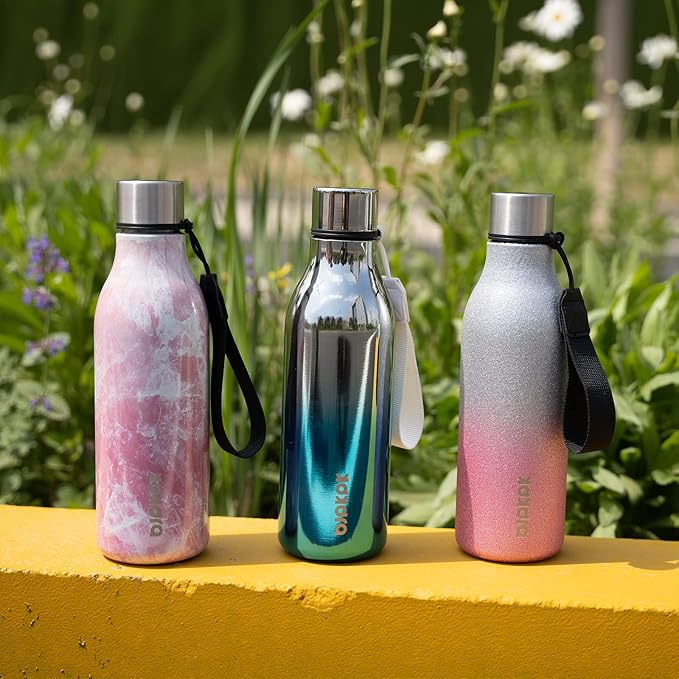 BJPKPK Insulated Water Bottles, 18 oz Stainless Steel Metal Water Bottle with Strap, BPA Free Leak Proof Thermos, Mugs, Flasks, Reusable Water Bottle for Sports& Travel, Blossom