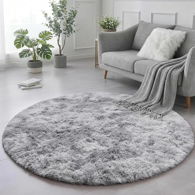 Amdrebio Tie-Dyed Light Grey Big Shag Round Rug 6Ft - Image 4