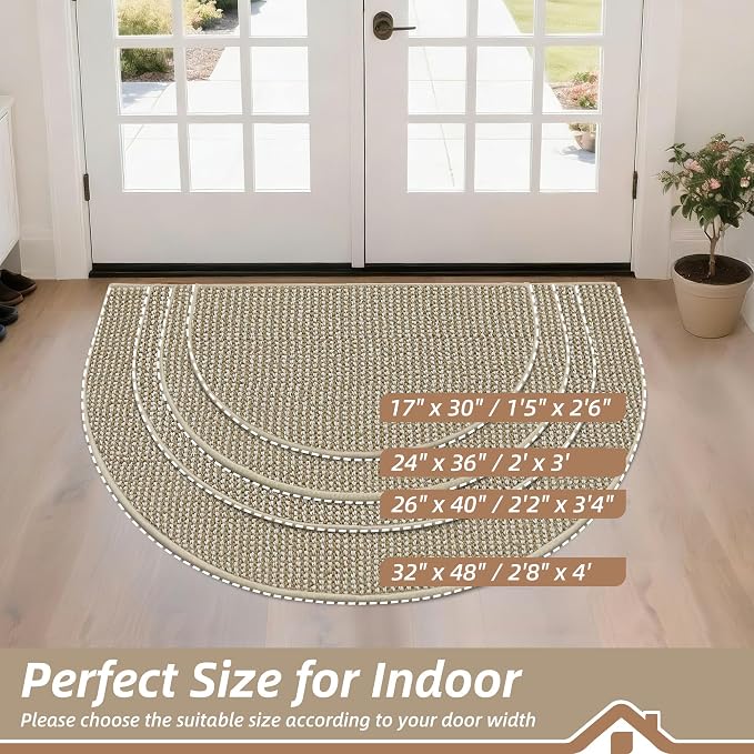 BEQHAUSE Dirt Trapper Door Mat 17" x 30" Half Circle Non Slip, Light Beige | - Image 2