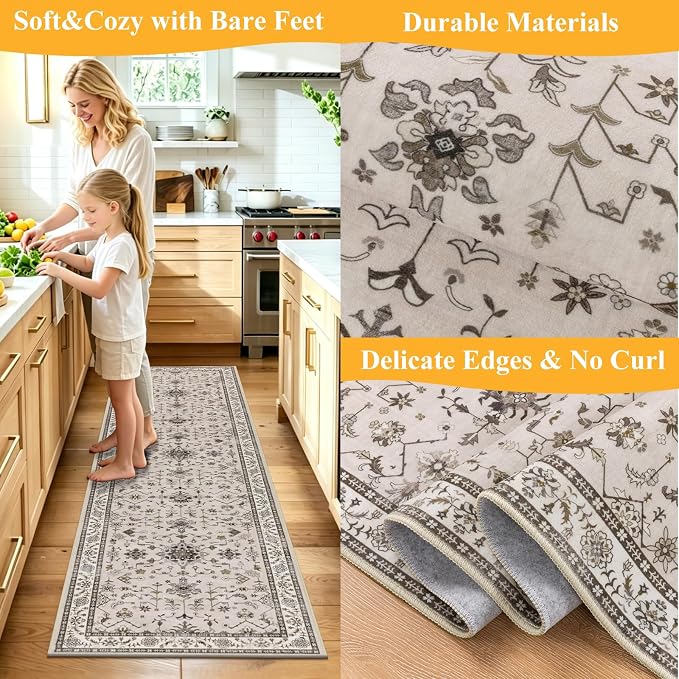 HEBE Hallway Runner Rug 2'x8', Washable Non Slip Kitchen Rug Runner | Soft Boho - Image 5