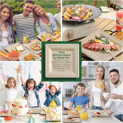 300Pcs Disposable Paper Plates Set, Compostable Plate Sugarcane Utensils Eco Friendly Dinnerware Kit Includes 50 Biodegradable Plates, Forks, Knives Napkins and Spoons for Brithday Party Camping