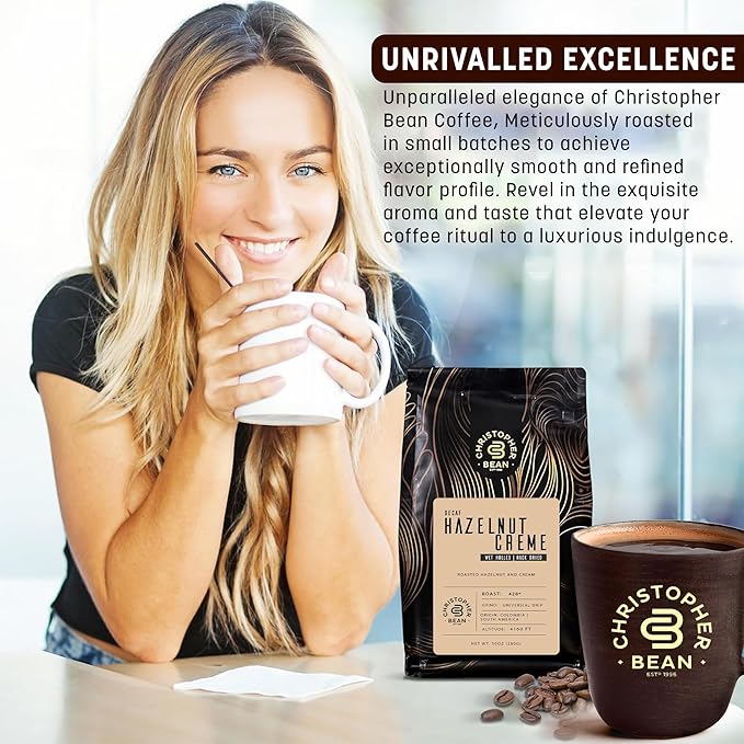 Christopher Bean Coffee - Certified Kosher - Decaf Ground Universial Drip Hazelnut Crème Flavored Coffee| Coffee Beans with Medium Roast 100% Arabica, No Sugar, No Fats, Non-Gmo | 10-Ounce Bag