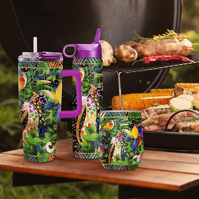 RainCaper 18/8 Stainless Steel Insulated Water Tumbler with Straw | 30oz, BPA-Free, Double Wall for Hot & Cold | Travel-Friendly, Cup Holder Ready (Laurel Burch Jungle Song)