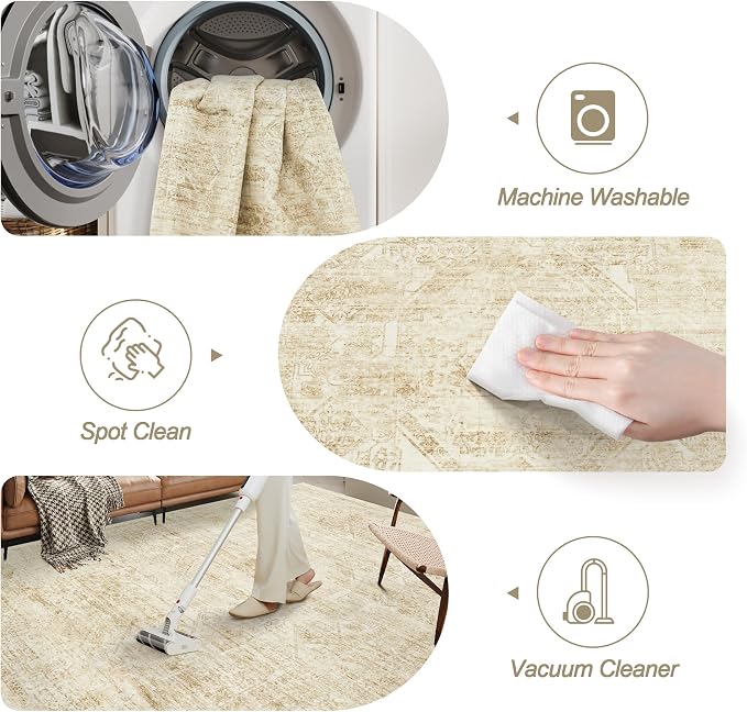 Soalmost Washable Area Rug 9x12 Large Soft Living Room Rugs Beige/Ivory | - Image 4