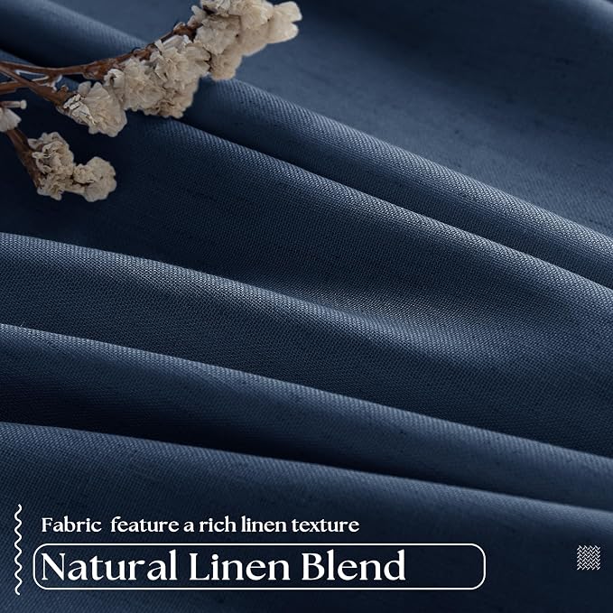 Dark Blue Pinch Pleated 100% Blackout Linen Bedroom Curtains 96 Inch Length | - Image 5