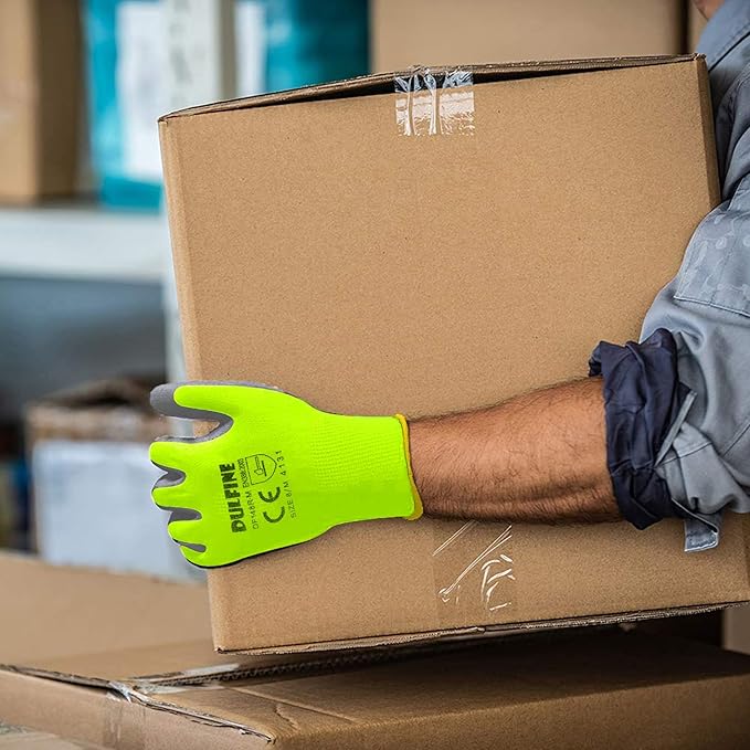 DULFINE Safety Work Gloves for Men PU Coated 12 Pairs Bulk Pack,Hi-Vis Yellow Seamless Knit Glove with thin Polyurethane Coated Smooth Grip on Palm & Fingers,Ideal for General Duty Work (Medium)