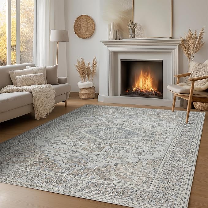 5x7 Washable Area Rugs for Living Room, Dining Room- Retro Taupe | Ultra Soft - Image 9