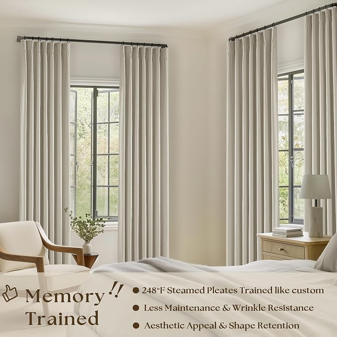 Oatmeal Beige Pleated Black Out Linen 45 Inch Curtains - Image 2