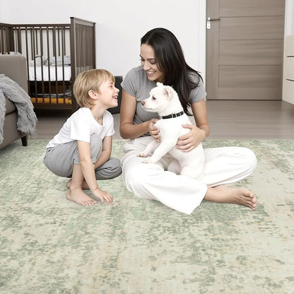 Area Rug Living Room: 5x5 Modern Washable Soft Carpet Green Cream | - Image 2