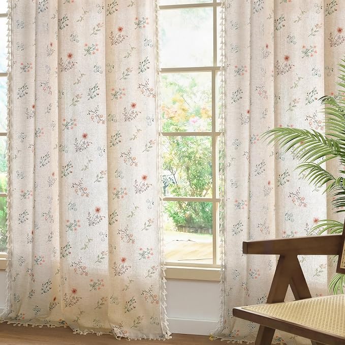 Boho Floral Light Filtering Curtains 84 Inch 2 Panels Linen Texture | Farmhouse - Image 5