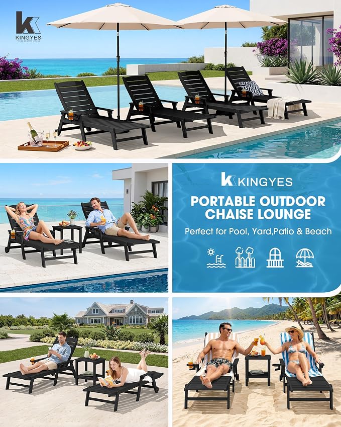 KINGYES HDPE Lounge Chair Outdoor Set of 4, Patio Chaise Lounge Recliner - Image 8