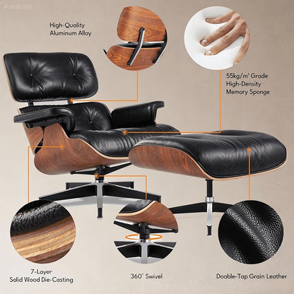 Top Black Grain Leather, Mid Century Chaise Lounge Chair and Ottoman, Accent - Image 5