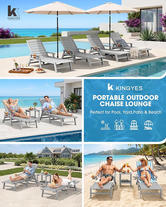 KINGYES HDPE Lounge Chair Outdoor Set of 2, Patio Chaise Lounge Recliner - Image 8