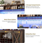 63"W Farmhouse Coffee Bar Cabinet with LED Light,Wine Bar Cabinet w/ 4 Tier Storage Hutch,Kitchen Buffet Cabinet w/Sliding Barn Door & 15 Wine and Glass Racks for Kitchen Dining Room(Brown)