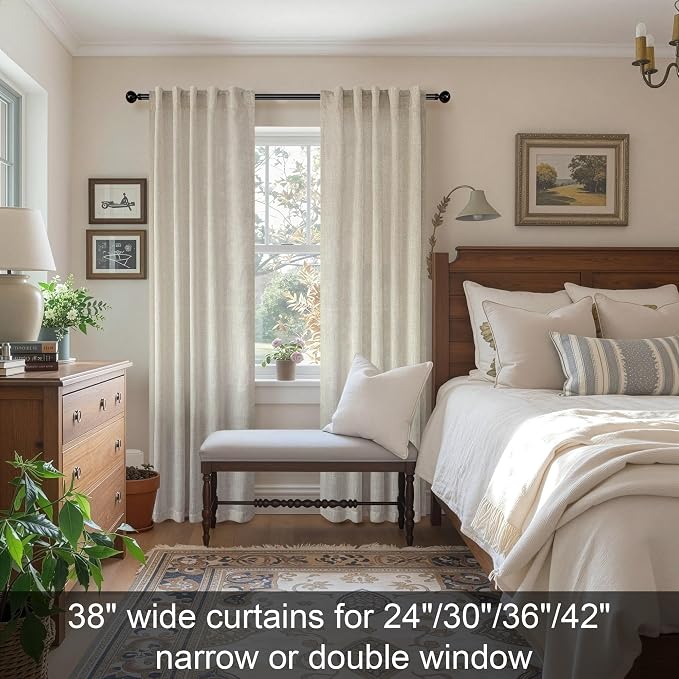 Beige Curtains 38 Inch Width for Living Room 2 Panels Back Tab Rod Pocket Flax - Image 3