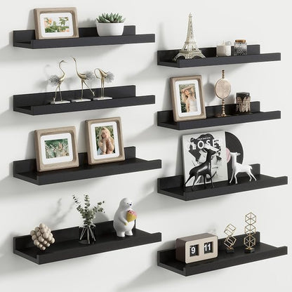Floating Picture Ledge Shelves Set of 8, 16 Inch Solid Wood Wall Shelves by FLYJOE
