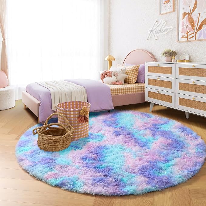 Amdrebio Purple Rainbow Mermaid Shag Round Rug 5Ft - Image 8