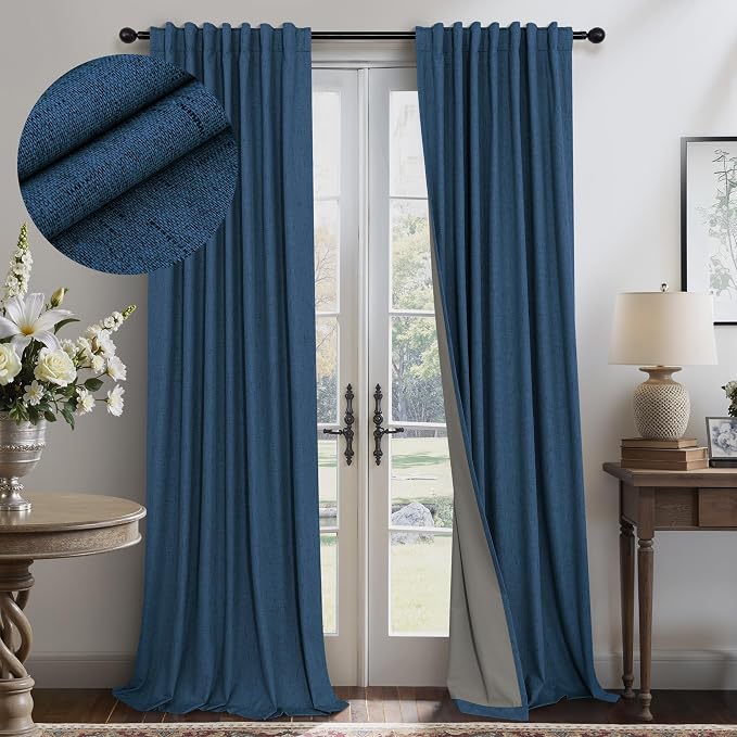 Navy Blue Curtains 108 Inches Long 2 Panel Faux Linen Nautical Modern Farmhouse by Pitalk