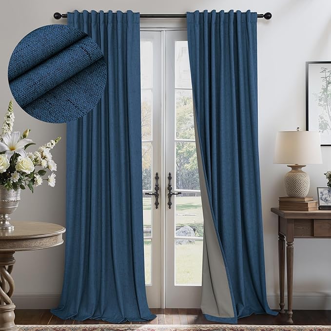Navy Blue Black Out Curtains 96 Inches Long 2 Panels Linen Textured Blackout by Pitalk