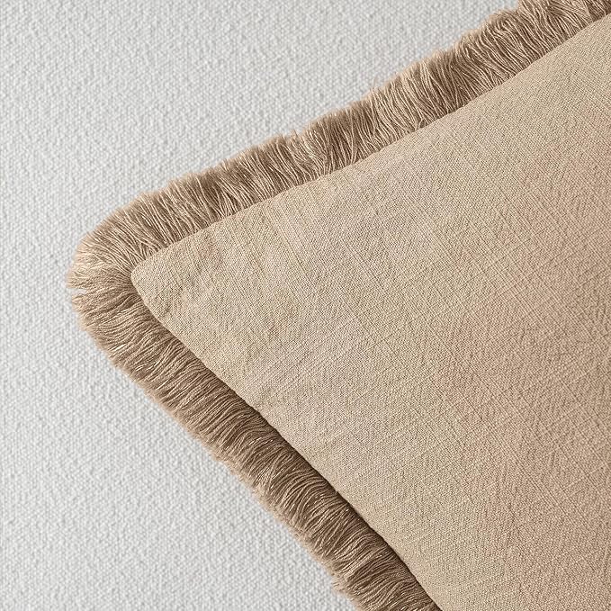 MIULEE Boho Linen Fringe Decorative Euro Throw Pillow Covers Camel 26x26 | Set - Image 3