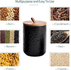 JOJUNO Black Ceramic Canister Set with Wooden Lid, 3-Piece Airtight Food Storage Jars for Kitchen Counter - Flour, Sugar, Coffee, Tea, Spice - Small, Medium, Large Sizes - Stone Texture