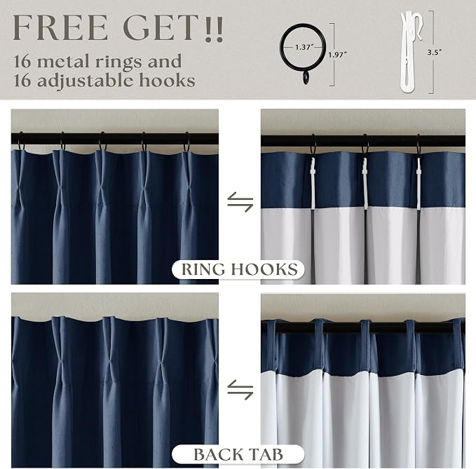 Dark Blue Pinch Pleated 100% Blackout Linen Bedroom Curtains 96 Inch Length | - Image 6