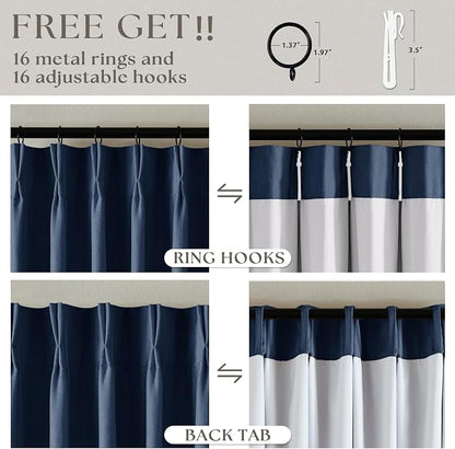 Navy Blue Pinch Pleat 100% Blackout Linen Curtains 2 Layers 45 Inch Long | - Image 6