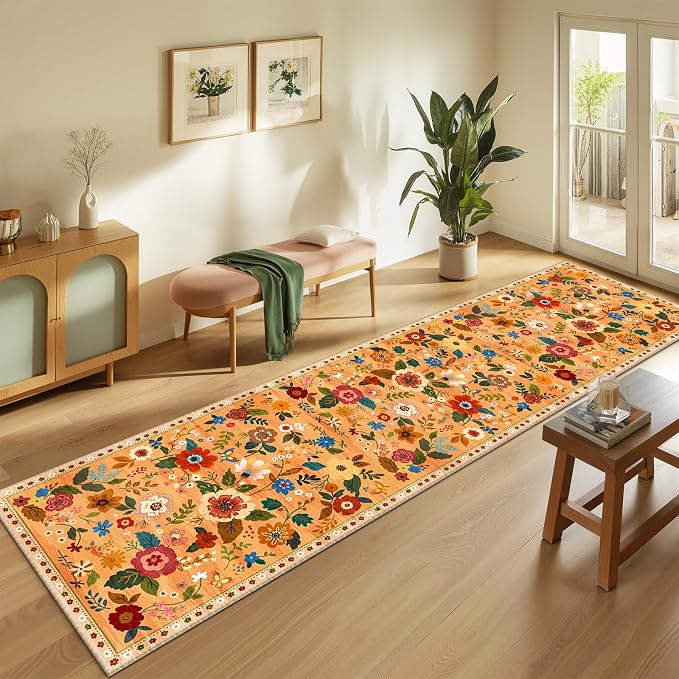 Floral Washable 2x10 Area Rugs Runner Entryway Hallway Yellow/Orange/Red | - Image 2