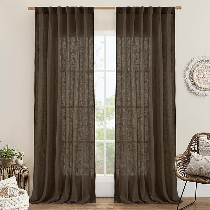 Brown Linen Curtains for Living Room 84 inch Length 2 Panels | Light Filtering by LAMIT