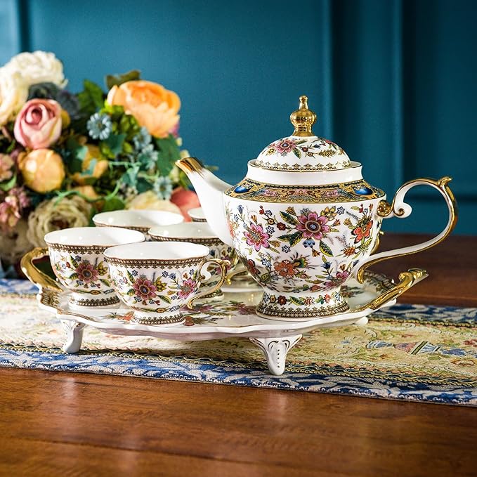 ACMLIFE Fine Bone China Tea Set, British Vintage China Set for Adults 24K Gold, Afternoon Cups and Saucers for Women Tea Party or Gift Giving (Pink and Gold)