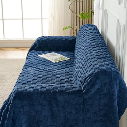 Fuzzy Navy Couch Cover for Sectional Sofa, Sofa Slipcover for 2 Cushion Couch - Image 3
