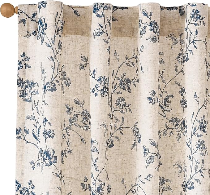 Extra Long Blue Vintage Floral Linen Curtains Farmhouse 2 Panels | Elisa by Lazzzy