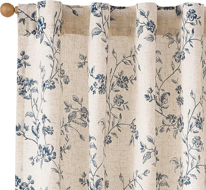 Extra Long Blue Vintage Floral Linen Curtains Farmhouse 2 Panels | Elisa by Lazzzy