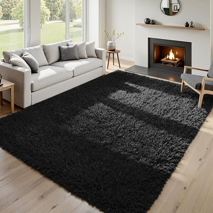8x10 Fluffy Shag Area Rugs for Living Room Bedroom: Soft Plush Carpet Black | - Image 9