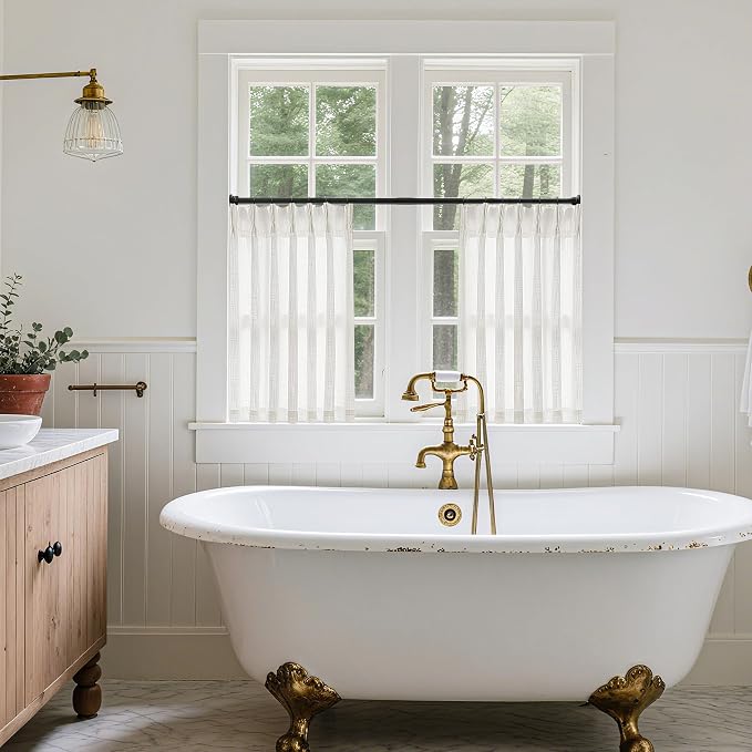 Beige White Linen Kitchen 36 Inch Pinch Pleated Curtains 2 Panels | Ivory Short - Image 7
