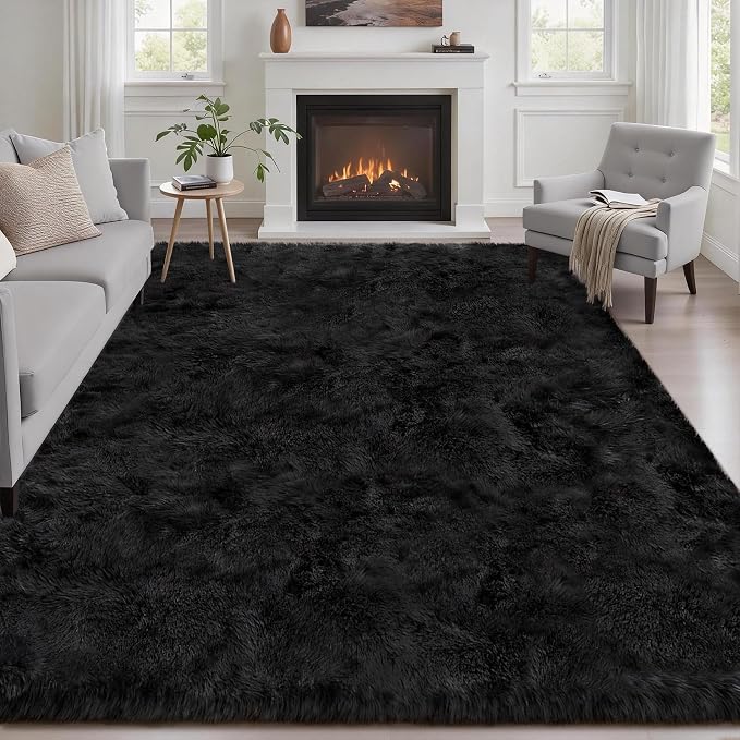 Area Rug Living Room Bedroom: 5x7 Fluffy Plush Shag Carpet Black | by Luxturiy