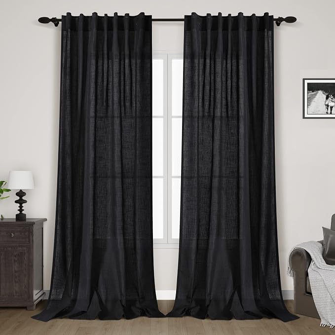 Black Linen Curtains 126 Inches Long 2 Panels Set by Nanspring