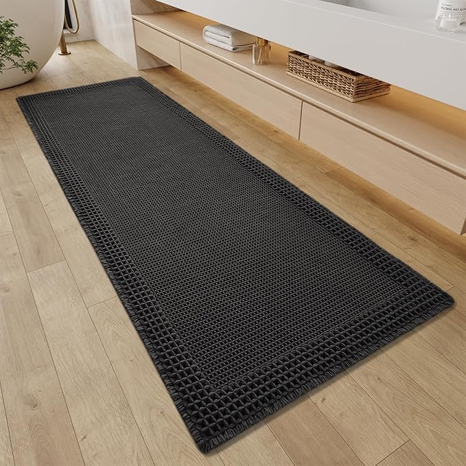 RESARE Waffle Bathroom Runner Rugs, Non Slip Boho Bath Mat 24"x72" Black | Long by Resare