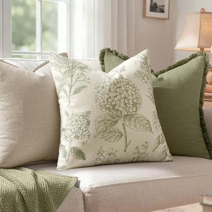 Set of 2 Decorative Floral Pillow Covers 20x20 Inch Sage Green | Neutral - Image 3