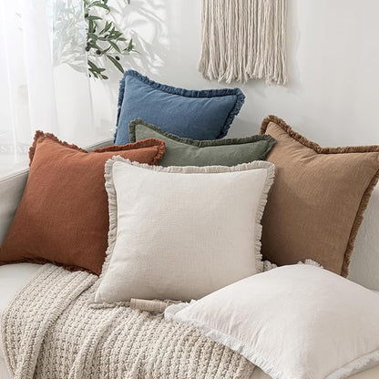 MIULEE Linen Fringe Decorative Euro Throw Pillow Covers Blue Ashes 26x26 | Set - Image 5