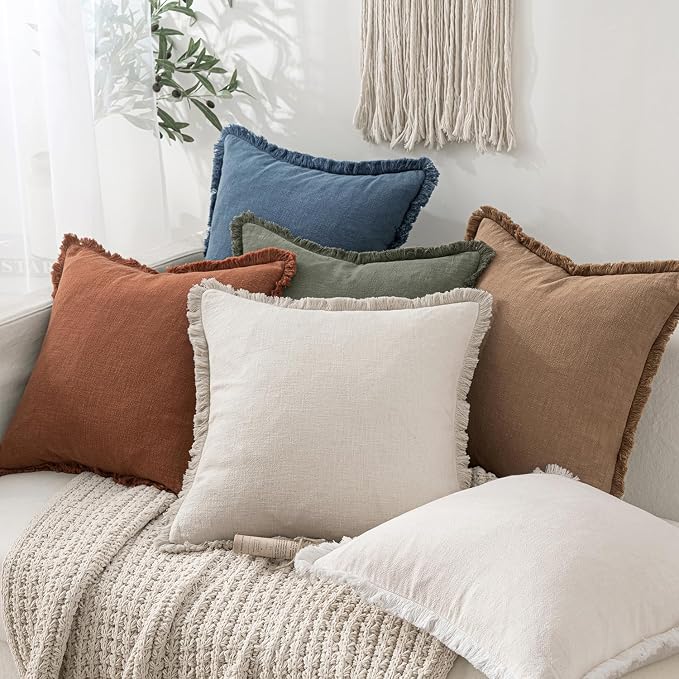 MIULEE Linen Fringe Decorative Euro Throw Pillow Covers Blue Ashes 28x28 | Set - Image 2