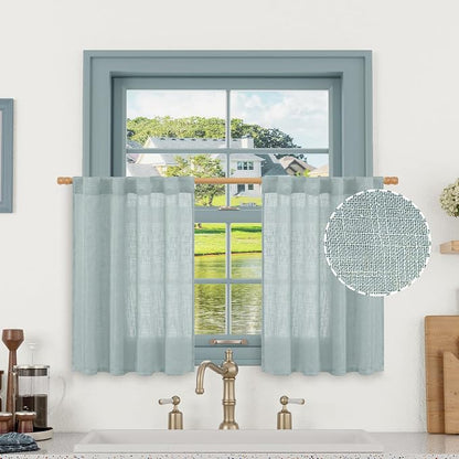 Short Linen Window Curtains 30 Inches Long 2 Panels 34 x 30 Inch | Greyish Blue by LAMIT