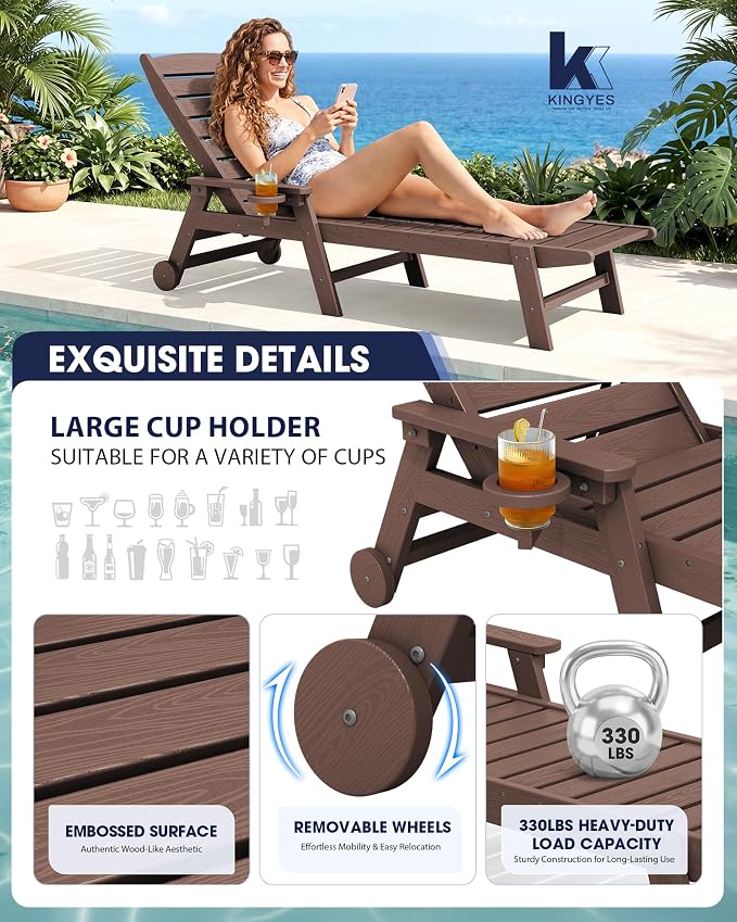 KINGYES HDPE Lounge Chair Outdoor, Patio Chaise Lounge Recliner - Image 4