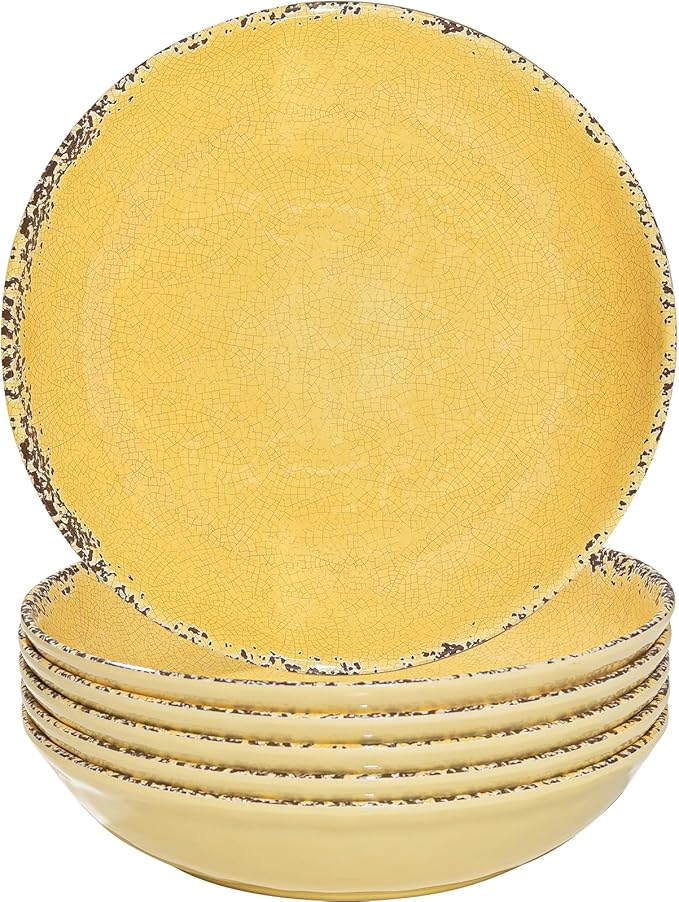 Farmhouse Melamine Pasta Bowls Set, 42 OZ Large Salad Bowls Set, 9.25 inch 6 Piece large Soup Bowls,Wide and Shadow Rustic Round Serving bowl, Set of 6 Dinner Bowl,Yellow…