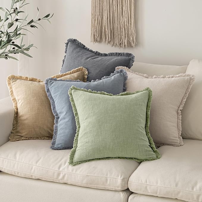 MIULEE Boho Linen Fringe Decorative Throw Pillow Covers Sage Green 18x18 | Set - Image 5