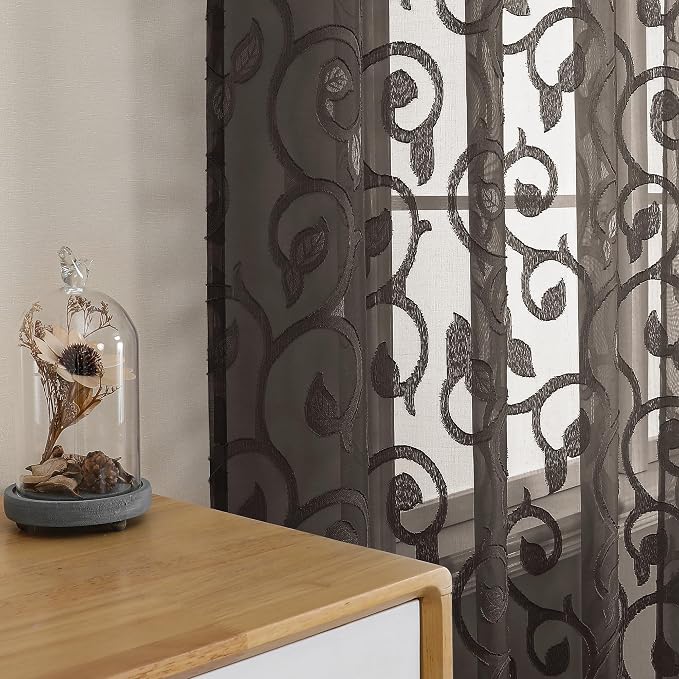Furman Sheer Curtains Chocolate 54 Inch Length 2 Panels Set, Airy Jacquard Clip by OWENIE