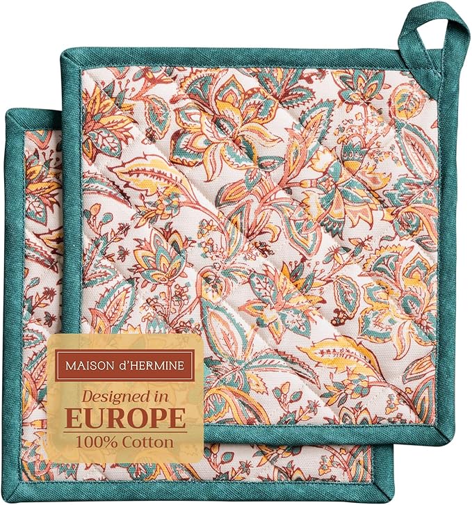 Maison d' Hermine Pot Holders Set 100% Cotton Heat Resistant Potholders 8" x 8" Hot Pads with Loop BBQ, Cooking, Baking, Grilling, Kitchen, Handling Hot Pans (Pack of 2, Nila)