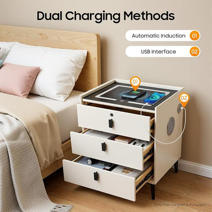 Smart Nightstand with Wireless Charging & Fingerprint Lock, 3-Drawer Bluetooth - Image 4