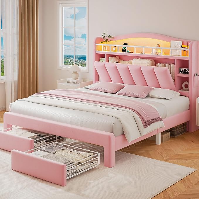 Queen LED Bed Frame with Storage Headboard & 2 Storage Drawers, Princess Velvet by JOCOEVOL