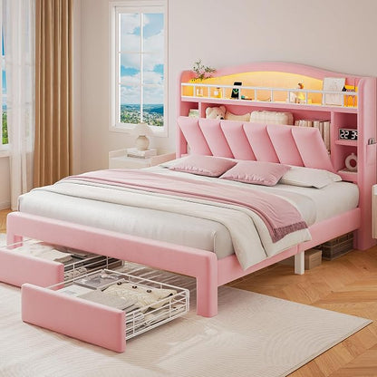 Queen LED Bed Frame with Storage Headboard & 2 Storage Drawers, Princess Velvet by JOCOEVOL